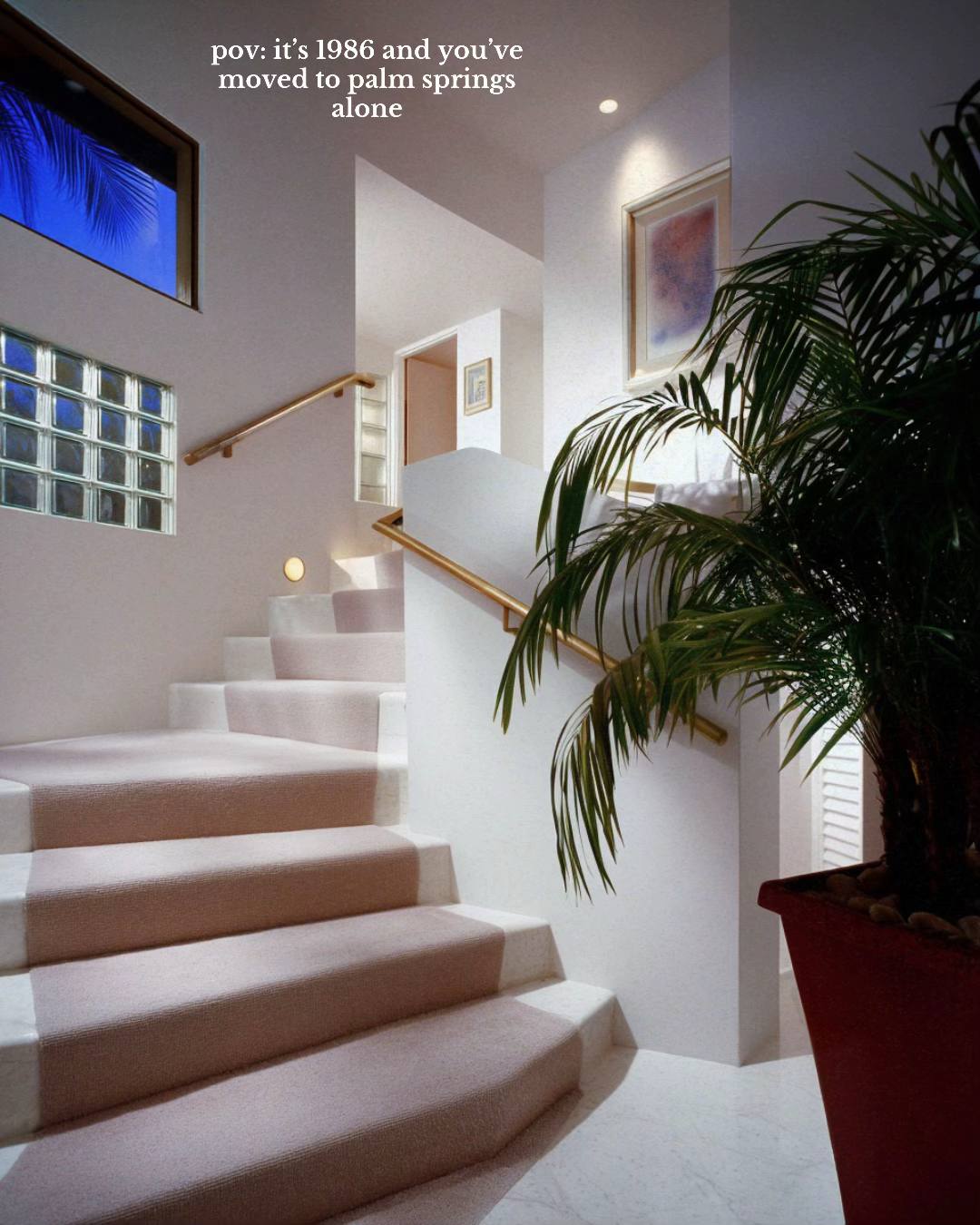 A post by @liminaldestinations on TikTok caption: POV: It’s 1986 and you’ve moved to Palm Springs alone 🧊 [AI] #80s #1980s #interior #80sinterior #80sluxury #vaporwave #retro #vintage #liminal 