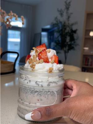 A post by @jaylonbrooke on TikTok caption: Strawberry Chia Seed Pudding Recipe ⬇️ Strawberries  Chia seeds Almond milk (homemade)  Egg white (whipped)  Honey  Granola  #healthysnackideas #chiaseedpudding #guthealth 