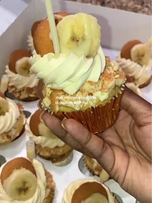 A post by @jaaliyahs on TikTok caption: I’ll take 50, thank you😍 #bananapudding #bigback #bananas #cupcakes #bakewithme #homebaker #atlanta #trending #fyp #bananapuddingcupcakes #bakedwithlove #blackbaker 