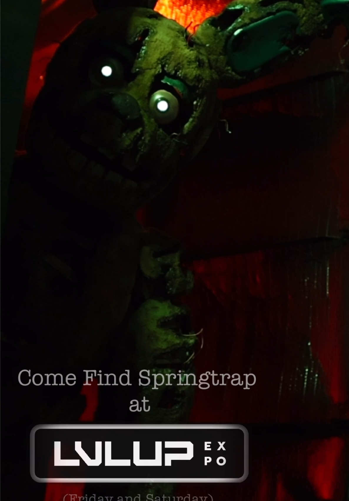 A post by @daregularsauce on TikTok caption: COME FIND ME at @LVL UP EXPO in Vegas this upcoming weekend as Springtrap  both Friday the 25th and Saturday the 26th! We’ll be giving out real Faztokens (Graciously provided by @Steel Wool Studios ) to those that find him!  Hope to see you there! #fnaf #springtrap #steelwoolstudios #cosplay #fivenightsatfreddys #animatronic #lvlupexpo 