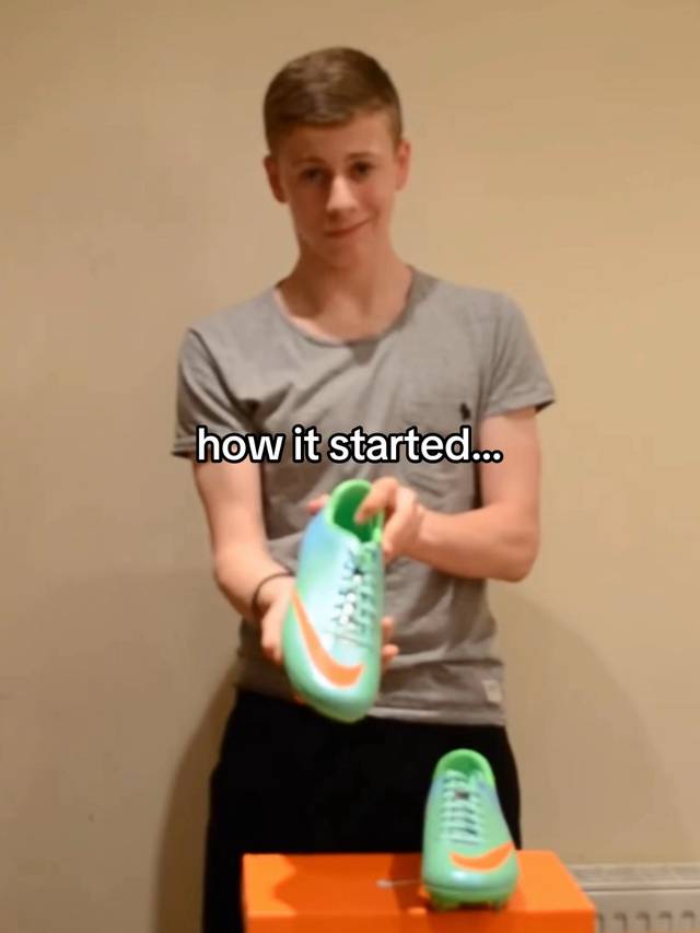 A post by @ben on TikTok caption: From unboxing videos in my kitchen to unboxing boots with Mbappe 😭😍 the dream is real ❤️