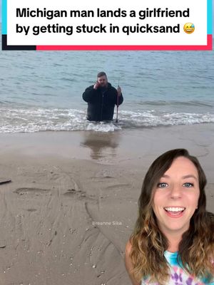A post by @thatgoodnewsgirl on TikTok caption: Most people just use dating apps. 😅 Mitchell and Bre worked together for two years, both secretly crushing on each other, until a beach date turned into an emergency rescue mission when he sank waist-deep in sand. 😬 In the middle of speaking with dispatchers, they managed to reveal to each other how they really felt - and they left the beach as more than just friends. 💜 📸Breanna Sika / Mitchell O’Brien #michigan #lakemichigan #leland #lelandblue #quicksand #relationships #goodnews