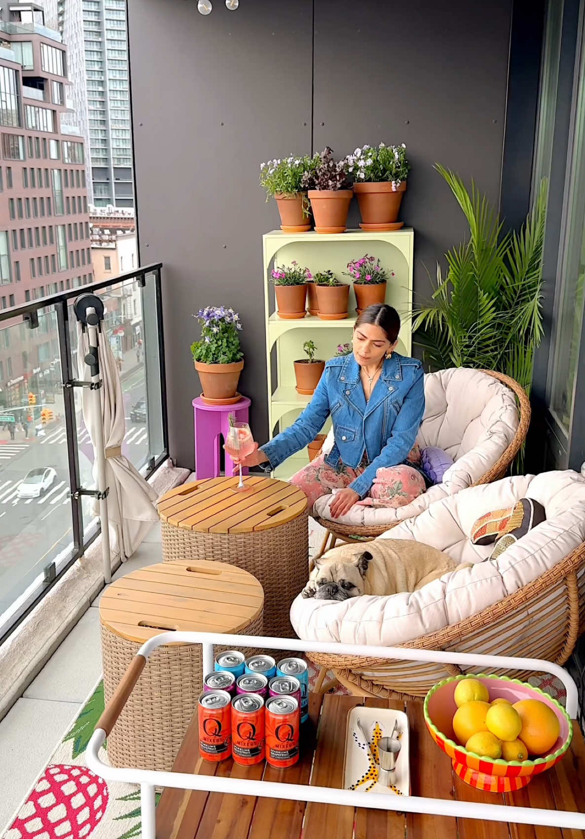 A post by @honeyidressedthepug on TikTok caption: It’s the season for indoor-outdoor living! Stocked up my bar cart with all my fav mixers from @Q Mixers #ad I added Q GINGER BEER for a spicy kick to any drink, Q CLUB SODA which is so versatile for a refreshing cocktail/mocktail, and Q SPARKLING GRAPEFRUIT, which I used in my favorite recipe below. These are all made with real ingredients with max fizz & the colorful cans go perfectly with my decor style! RECIPE: Q SPARKLING GRAPEFRUIT Non-alcoholic gin (or replace with alcohol) Grapefruit wedges & rosemary for garnish Pug shaped ice optional ;) Let me know if you try it :) Use my code 15QPUG for 15% off Q GINGER BEER and other select flavors.  #patioseason #patiodecor #brooklynapartment 