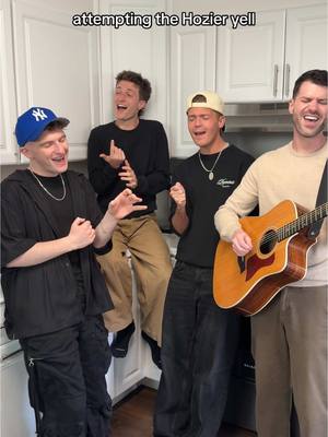 A post by @jonathantilkin on TikTok caption: sometimes you just have to grab your friends and scream in harmony🌲 #hozier #noahkahan #hozieryell #sing @Anthony Gargiula @Henry Moodie @Jamie Miller 🤍