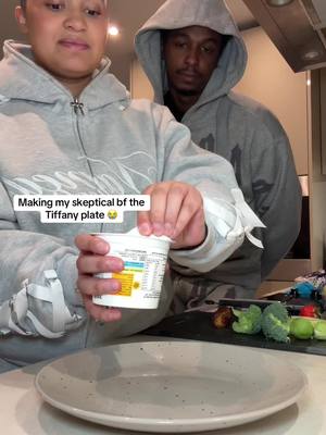 A post by @mudyandshamy on TikTok caption: Can you guess what he rated this?😂 #tiffany #tiffanyplate #healthyfood #cottagecheese 
