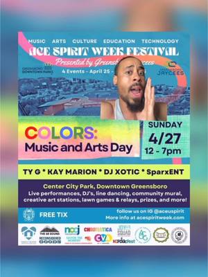 A post by @yeahitstyg on TikTok caption: GREENSBORO, NC! I’m hosting the relay games & throughout the event! 🎤 See y’all tomorrow afternoon! 🪁✨❤️🧡💛🩷💚🩵💙💜🖤🩶🤍🤎 - the event is FREE‼️ Time: 12-7pm Where: Center City Park, Downtown Greensboro BE THERE OR BE THERE!!!   #ACESpiritWeek #LeadWithLove @ACE University 