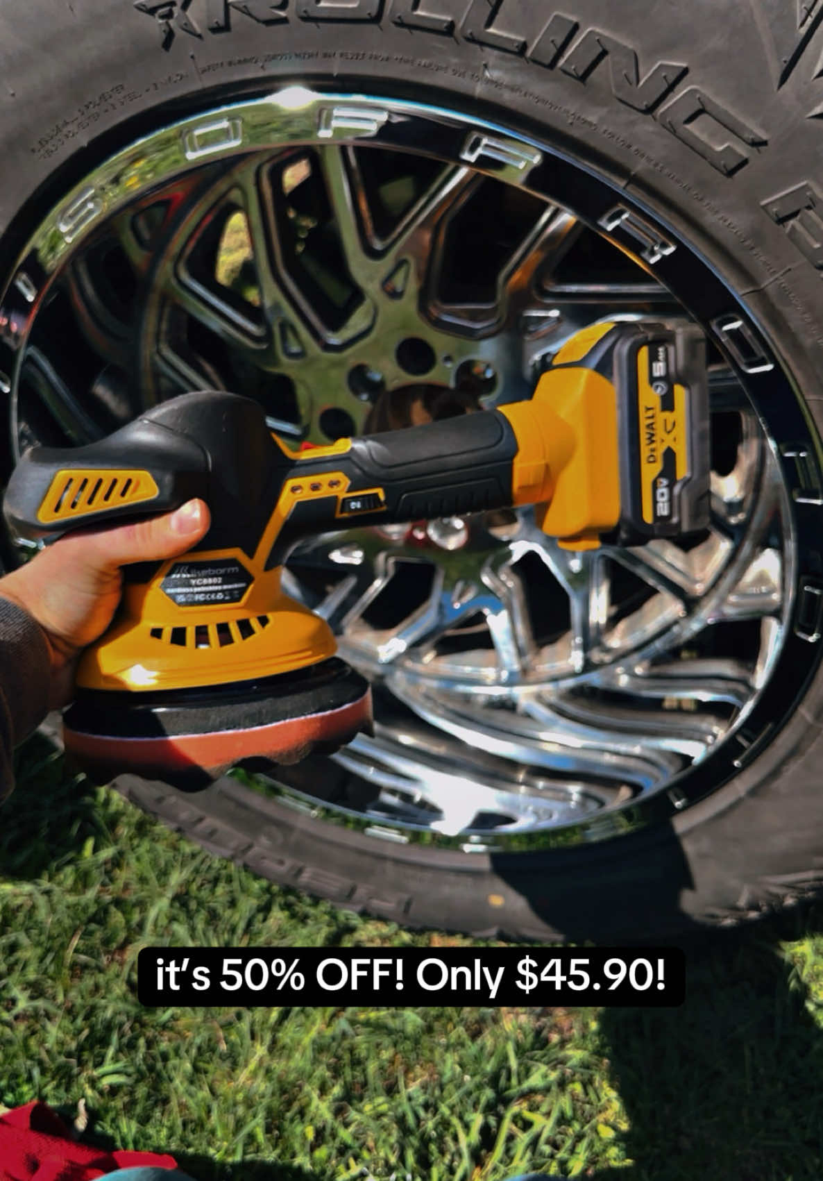 A post by @ on TikTok caption: Chrome so clean it’s illegal. Hit my pickup rims with this cordless beast and now they’re BLINDING. 50% OFF right now if you don’t cop, you’re slippin’. ⚡ Runs on Dewalt 20V ⚡ 6 speeds for max control ⚡ Full kit ready to GO Shine up your chrome, flex on the block. #ChromeLife #RimGameStrong #TruckGoals #PickupLife #DetailingTools #GarageReady #CarDetailing #BuiltNotBought #CordlessPolisher #DIYDetailing #StreetReady #ShineGame #TikTokMadeMeBuyIt 