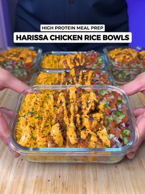 A post by @jalalsamfit on TikTok caption: High Protein Harissa Chicken Rice Bowls🍗🍚🔥 This is one of the best chicken recipes i’ve made! Such a simple marinade that requires very little effort for maximum flavor. Ideal for meal prep and weight loss and great for family gatherings🤌🏽 Macros Per Serving (5 Total) 566 Calories | 50g Protein | 54g Carbs | 17g Fat Ingredients (Makes 5) Harissa Chicken Marinade - 1000g Boneless Chicken Thighs - 200g Fresh Tomatoes, firm preferably - 30g Fresh Parsley - 40g Garlic Cloves - 100g White Onion - 100g Red Onion - 100g Red Bell Peppers - 150g Yogurt - 160g Harissa Paste or Red Pepper Paste - 2 Tsp Salt - 2.5 Tsp Smoked Paprika - 3 Tsp Oregano - 2 Tsp Cumin - 3 Tsp Olive Oil • After blending the marinade, try to drain any excess liquid that builds to the surface. Allows for a thicker marinade with less moisture and chicken to get a good char/grill • Oven bake or air fry for 20 mins at 200C and broil/grill for 5 mins or longer if needed to get that charred crust Golden Fluffy Rice - 250g Uncooked Basmati Rice / Approx 600g Cooked - 15g Reduced Fat Butter - 100g White Onion, finely chopped - 1 Tsp Salt - 1.5 Tsp Paprika - 1 Tsp Turmeric - 2 Tsp Dried Parsley Tangy Harissa Sauce - 200g Low Fat Yogurt - 60g Light Mayo (Optional) - 60g Harissa Paste - Splash of Pickle Juice (for desired consistency) Fresh Cucumber Salad - 300g Fresh Tomatoes, de seeded & finely chopped - 300g Cucumber, de seeded & finely chopped - 200g Red Onion, finely chopped - Handful Fresh Parsley, finely chopped Don’t forget to check out my Digital Cookbooks with 230+ High Protein Delicious Recipes👨‍🍳❤️ . . . . #harissa #chicken #chickenrecipes #chickenrice #ricebowl #chickenbowl #highprotein #mealprep #mealprepideas #weightloss #lowcaloriemeals #healthyrecipes #healthymealideas #EasyRecipes #fitness #jalalsamfit 