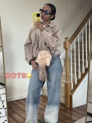 A post by @denahabib1 on TikTok caption: a little simple OOTD for brunch🩷💫🩰 details…bomber: zara (old) tshirt: uniqlo jeans: zara (old) bag: stella mccartney  sneakers: golden goose glasses: miumiu #fashion #fashiontiktok #habeshatiktok #blackgirlmagic #detailsmatter #fypシ #ootdinspo #ootdfashion #fitcheck #outfitideas #outfitinspo 