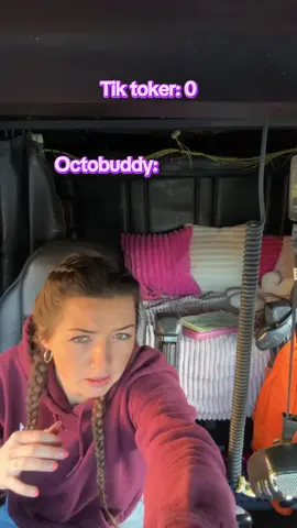 A post by @maryyycarol on TikTok caption: Real footage of my first (and last) time using this mount #trucktok #graveltrains #femaletrucker #oops #octobuddy #freightliner #6nz #cat 