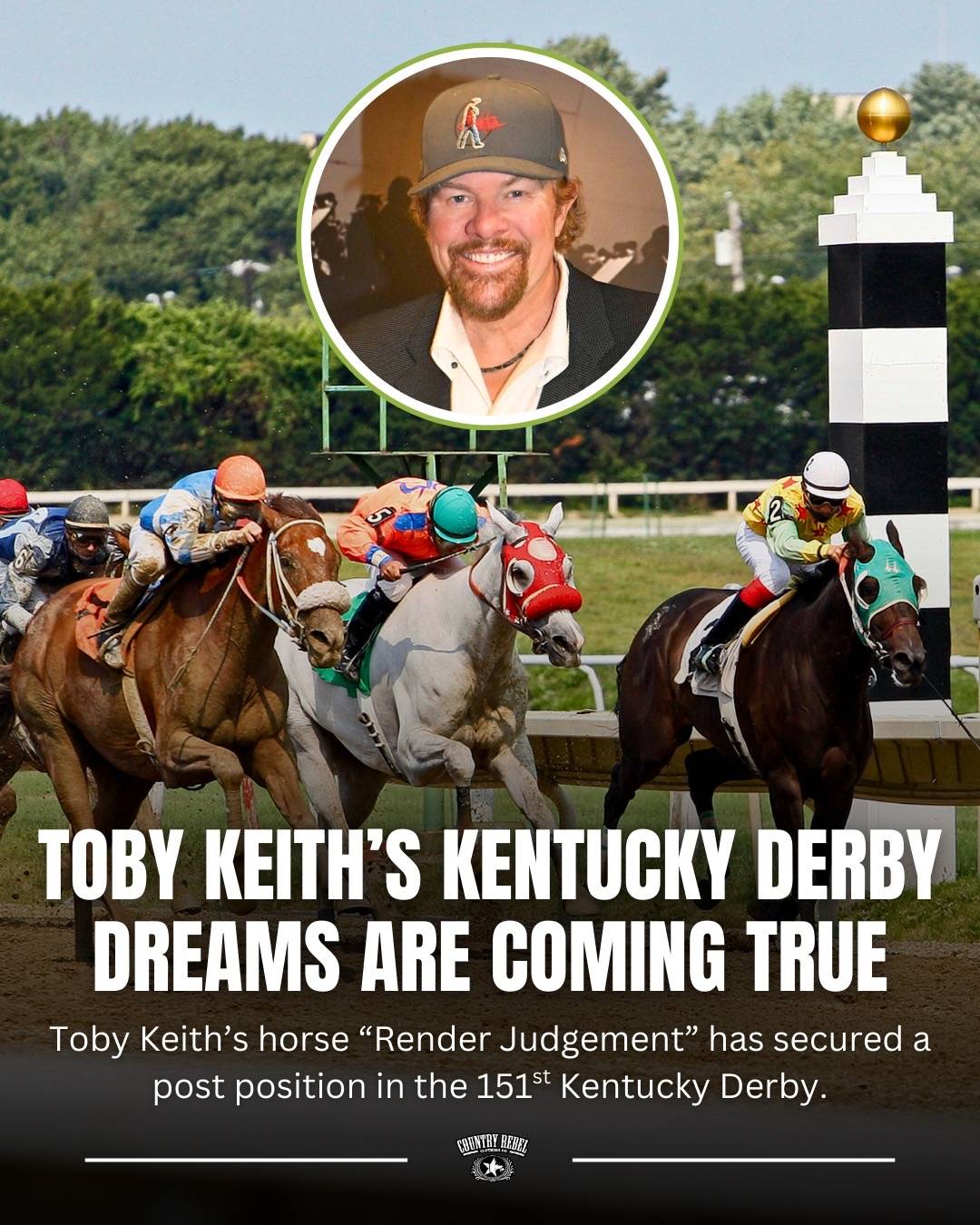 A post by @countryrebel on TikTok caption: @Toby Keith is remembered for many things, but did you know he was an avid horse racing fan and even raised his own thoroughbreds?  According to his daughter Krystal, it was his dream for 30+ years to have a horse in the Kentucky Derby. This weekend, that dream will come true! 🏇🏼 Full story at the link in bio 🔗
