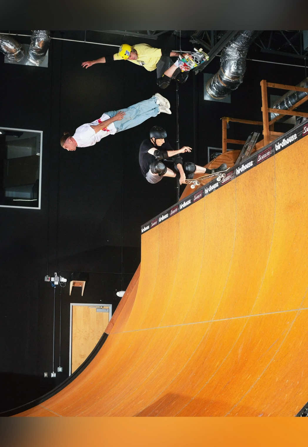 A post by @tonyhawk on TikTok caption: A terrifying triples experiment with @Domtomato & Andy Mac that we managed to figure out against all odds. I’m glad we got the photo because I didn’t want to try it again. 👷🏼🤸🏽🦅 📷: Mike Burnett