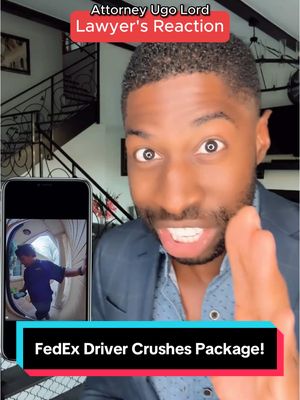 A post by @ugolord on TikTok caption: Replying to @Kirsten 🖤 FedEx Delivery Driver Crushes Package Then Runs — Is He Guilty of Destruction of Property? Attorney #UgoLord reacts! #lawyer #TikTokPartner #Stitch with  @candacegr8house 