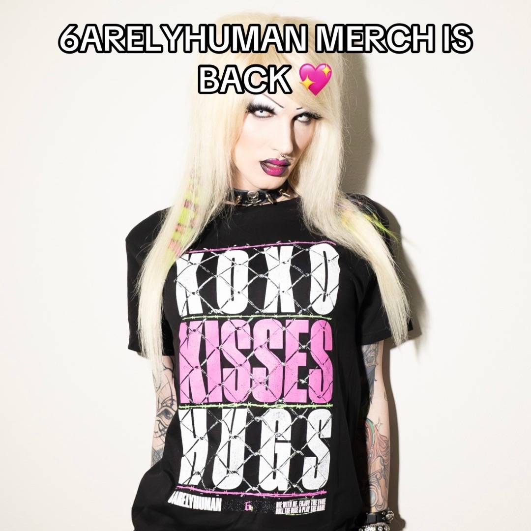 A post by @6arelyhuman on TikTok caption: my merch is back in stock! I have another surprise coming as well! Find it at 6arelyhuman.com 🖤 #6arelyhuman #scenequeen 