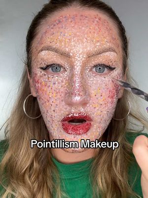 A post by @katiefarhood on TikTok caption: watch me put 1 million dots of makeup on my face 😂 #pointillismmakeup #makeupchallenge #creativemakeup #colortheorymakeup #dottedmakeup 
