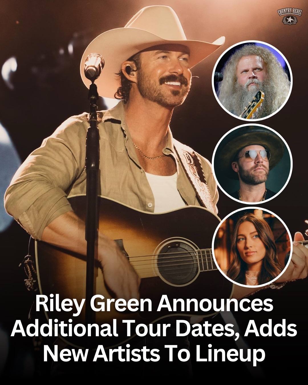 A post by @countryrebel on TikTok caption: @Riley Green is bringing his Alabama friends on the road! Swipe >>> to see the newly added dates and cities 🤠 #DamnCountryMusic 