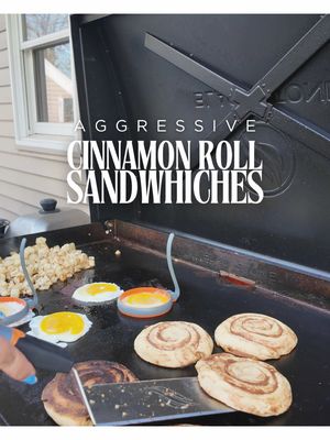 A post by @applesauceandadhd on TikTok caption: I had a vision... cinnamon rolls as the buns for a breakfast sandwich. And today on the Blackstone, it becomes reality. Was it everything I dreamed of? YES. Did I underestimate how massive these sandwiches would be? Also yes. (Pro tip: split one cinnamon roll in half for a way better bun-to-filling ratio.) However you do it, MAKE THIS. You won’t regret it.  #BlackstoneCooking #BreakfastSandwich #CinnamonRolls #CinnamonRollSandwich #BlackstoneGriddle #BreakfastGoals #GriddleLife #EpicBreakfast #FoodCreation #BrunchTime #FoodieDreams #HomemadeGoodness #GriddleCooking #SweetAndSavory #BreakfastDoneRight