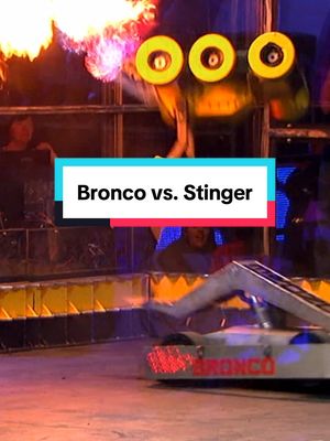 A post by @battlebots on TikTok caption: Bronco vs. Stinger: When the world realized Bronco could launch anything into orbit. #battlebots 