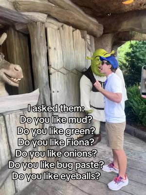 A post by @tannerwiththe_tism on TikTok caption: I always ask questions. #shrek #donkey #epicuniverse #universalorlando #hosted 