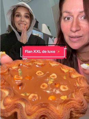 A post by @poopiblh on TikTok caption: Dégustation du flan XXL de luxe au praliné noisette et feuilles d’or avec @Lilyslilah et @Leonard 🥮 du chef @Nicolas Guercio #degustation #food #dessert #flan #luxe #humour #praline #pateatartiner #or #gold  #lutetiaparis #xxl #chef #patisserie 