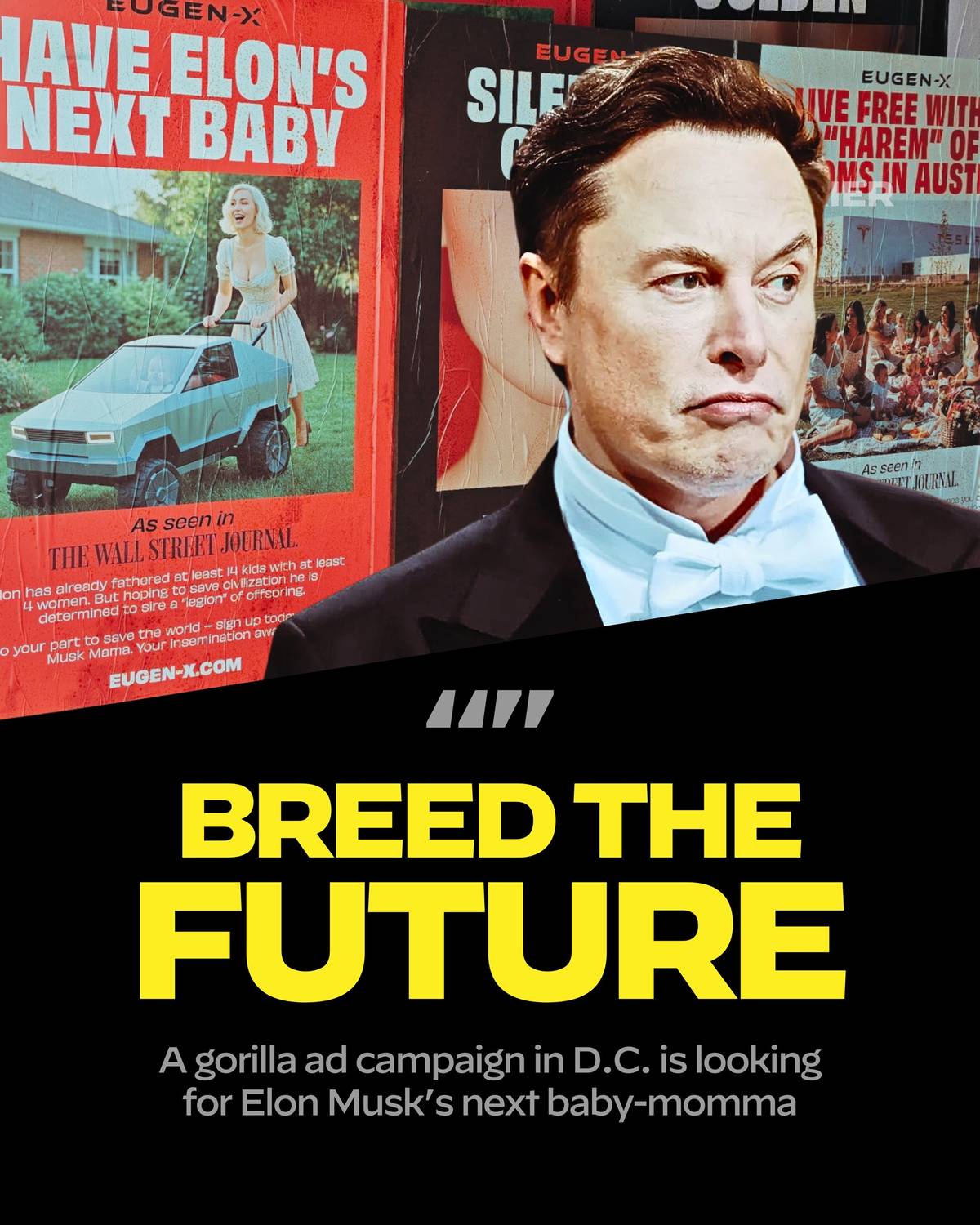 A post by @couriernewsroom on TikTok caption: SPOTTED: All over D.C. a parody ad campaign is seeking to find of the mother of Elon Musk’s next kid — child number 15 with woman number 5.