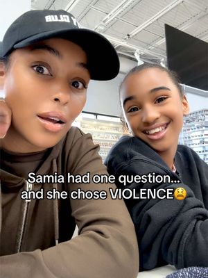A post by @latoyabruh on TikTok caption: Samia had one question… and she chose VIOLENCE 😭 Why’d I even ask? never again pls 💀😂 #GirlBye #TikTokMom #funnymom #tiktokkids #motherdaughterduo #motherdaughtergoals #blackfamily #blacktok #blackmomsoftiktok 