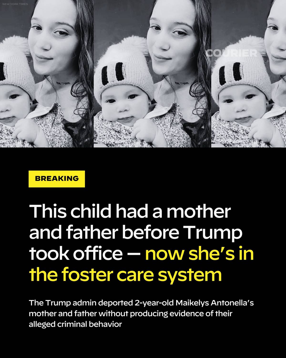 A post by @couriernewsroom on TikTok caption: BREAKING: Just weeks ago, 2-year-old American citizen Maikelys Antonella had a mother and father to call her own — now, without evidence, her mother and father have been forcibly removed from the United States.