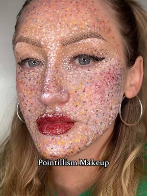 A post by @katiefarhood on TikTok caption: Pointillism makeup, aka watch me go slowly insane as I draw 1 million dots on my face 😂 #pointillismmakeup #makeupchallenge #editorialmakeup #creativemakeup #makeuptutorial 