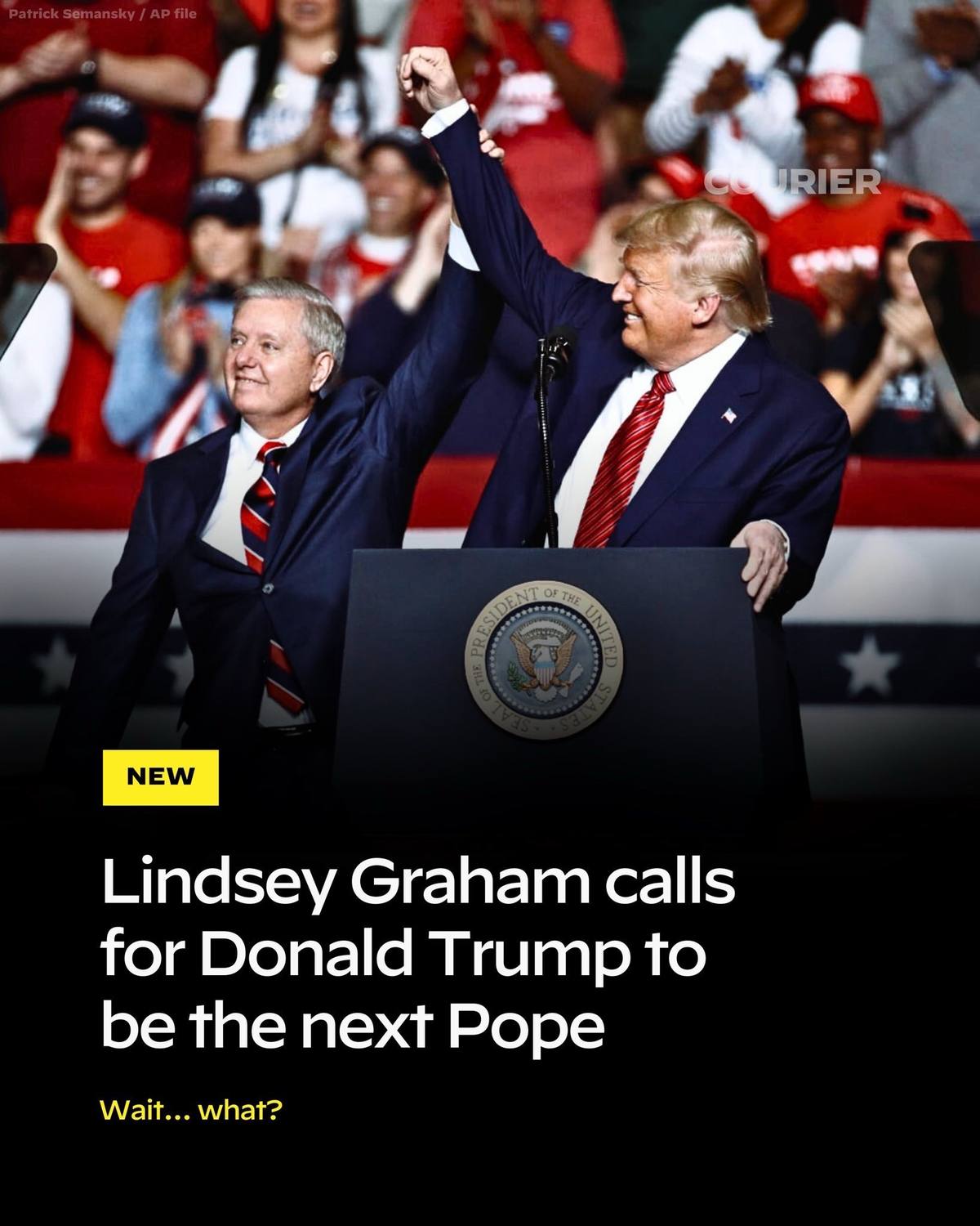 A post by @couriernewsroom on TikTok caption: Republican Senator Lindsey Graham appeared to endorse Donald Trump for Pope in a bizarre viral tweet. 