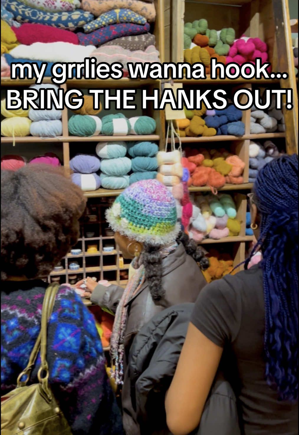 A post by @knotokayclub on TikTok caption: the Knotty Grrlz pulled up to the Brooklyn Yarn Crawl this past weekend!! gorgeous girls x gorgeous yarn!! recap video soon 🙂‍↕️🫶🏾🧶 + it was so fun making the c-mix to ran out by @JT 🦋? what y’all think… is it time to bring back the crochet bars?? 👀🎶 #knotokayclub #yarntok #yarn #lys #blackgirlscrochet #crocheting #knitting 