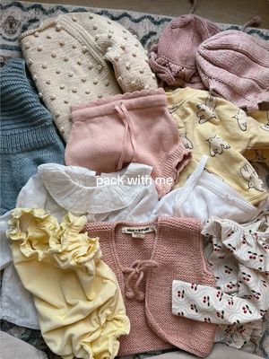 A post by @emilyfranciswheaton on TikTok caption: cutest travel vibes for francie girl!! 🌞 #packwithme #newborntravel #babystyle @away @Sézane @Konges Slojd 