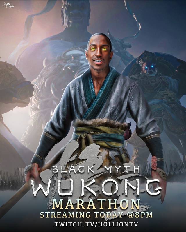 A post by @hollitv on TikTok caption: LIVE NOW TWITCH: @HolliOnTv ‼️ DOING A WUKONG MARATHON ⛩️🐒🈲 EVERYBODY FOLLOW IF YOU HAVEN’T ALREADY #LINKINBIO