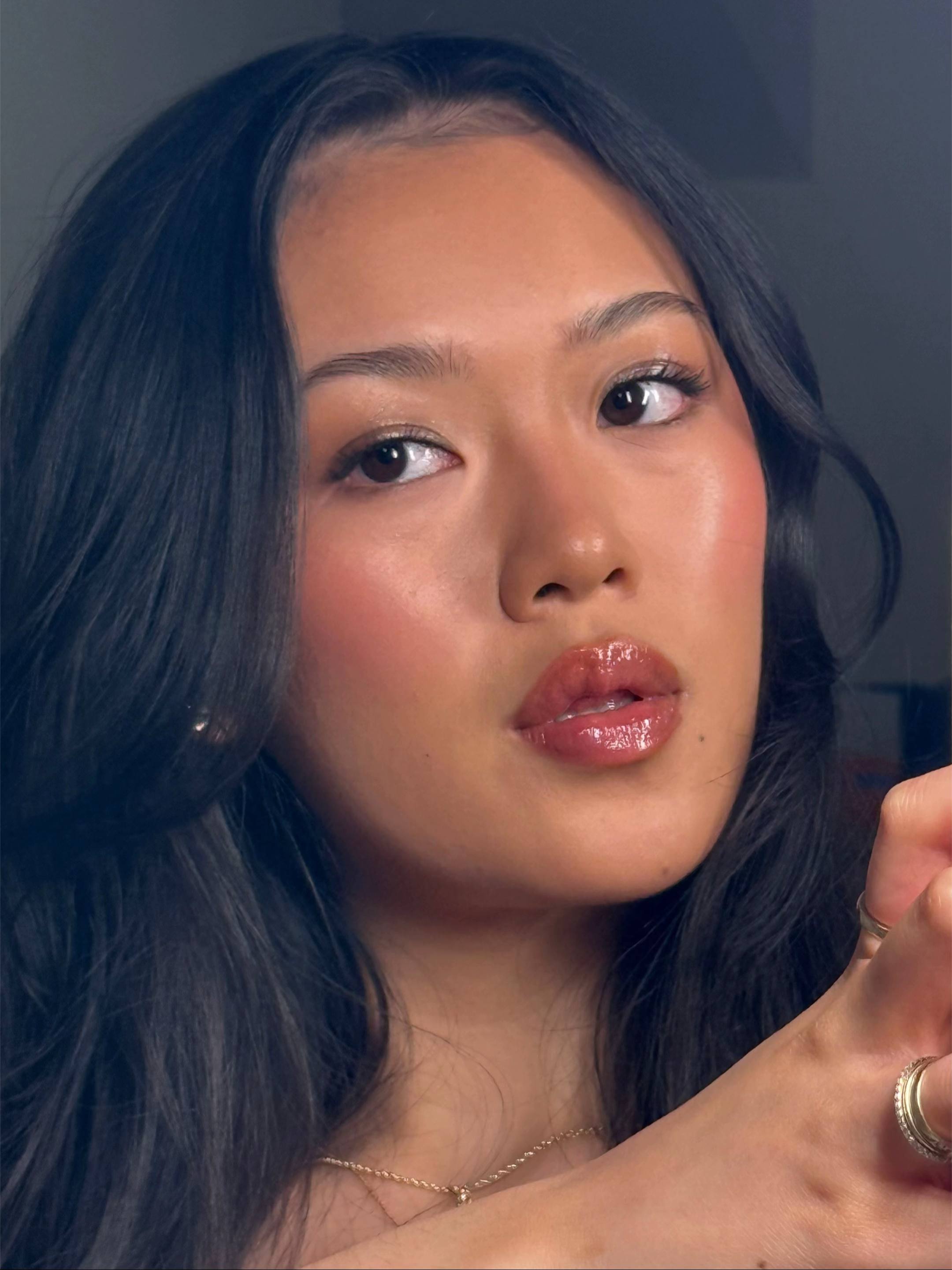 A post by @charinecheungg on TikTok caption: did a little shimmery full glam 🤍 look coming soon @Patrick Ta Beauty ‘still at the club’ on eyes  @Fenty Beauty gloss bomb oil ‘rose amber’ on lips