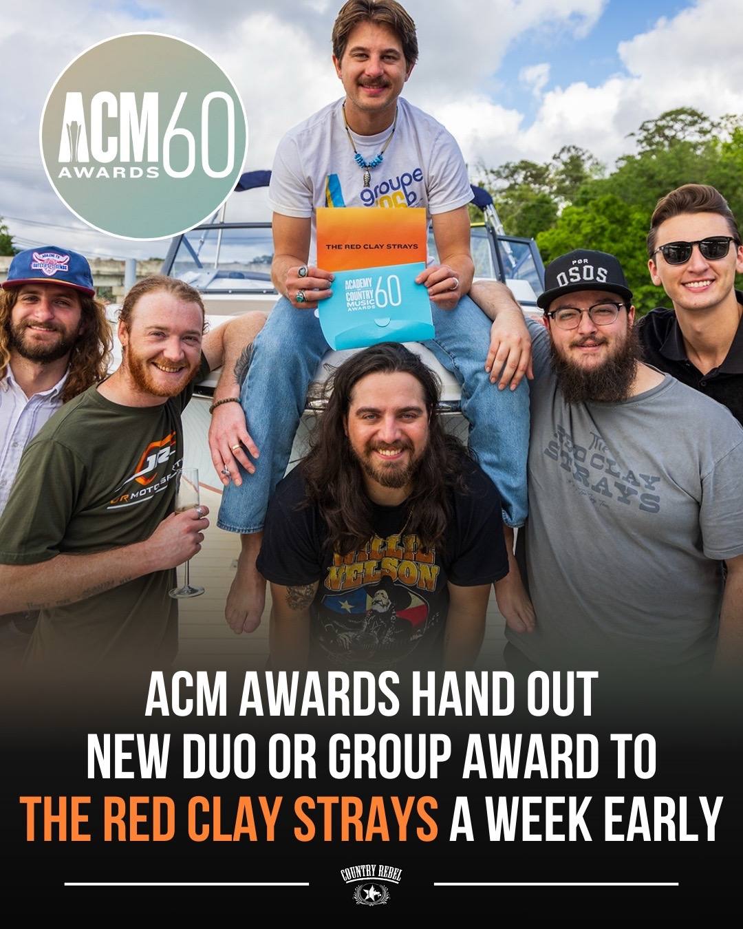 A post by @countryrebel on TikTok caption: The @ACM Awards are still one week out, but the @The Red Clay Strays are already winners! Congrats boys 👏