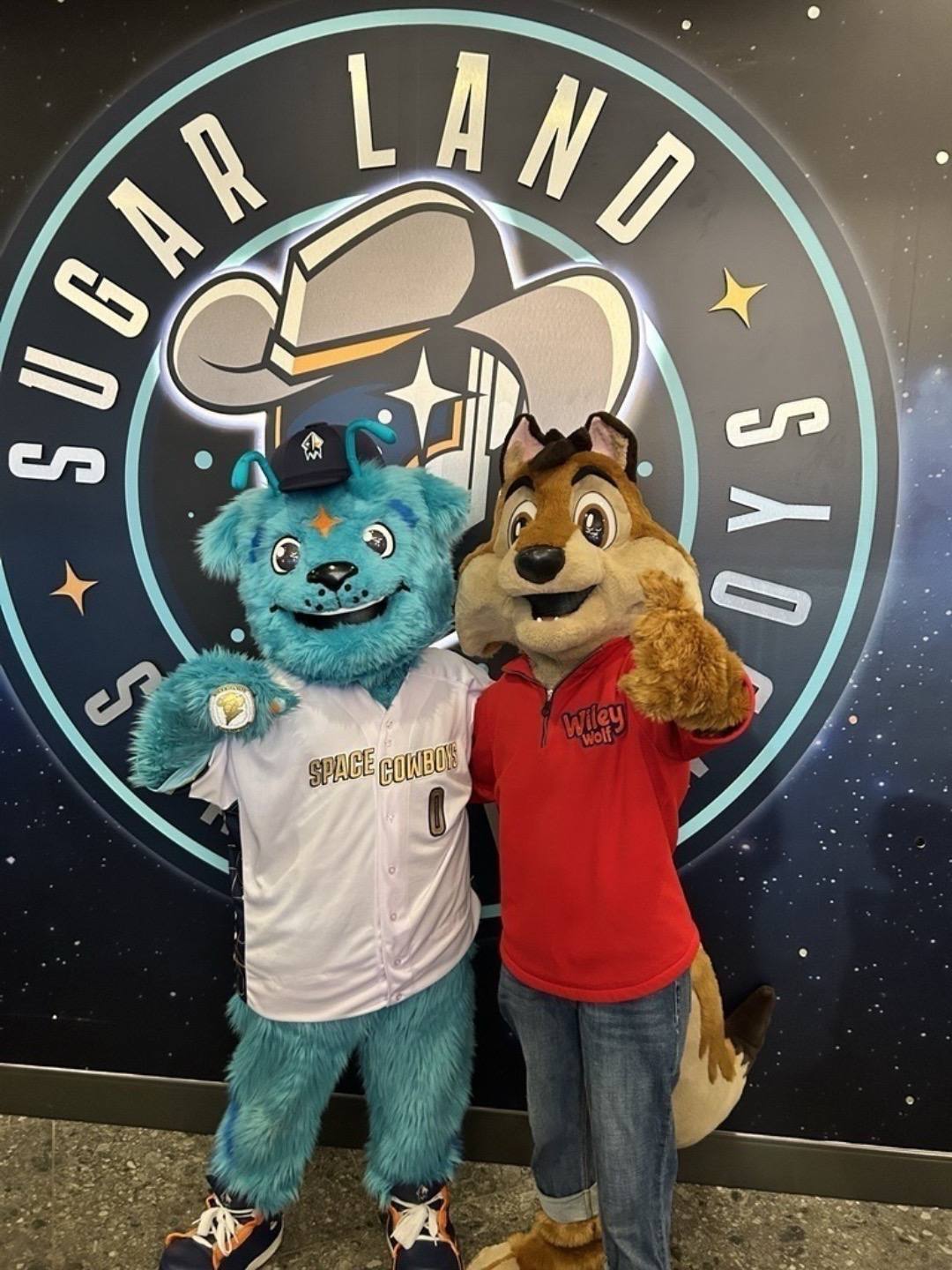 A post by @greatwolflodge on TikTok caption: From our Webster, Texas location to Constellation Field, Wiley said hey to his new bestie Orion and had an out-of-this-world time at the @Sugar Land Space Cowboys.