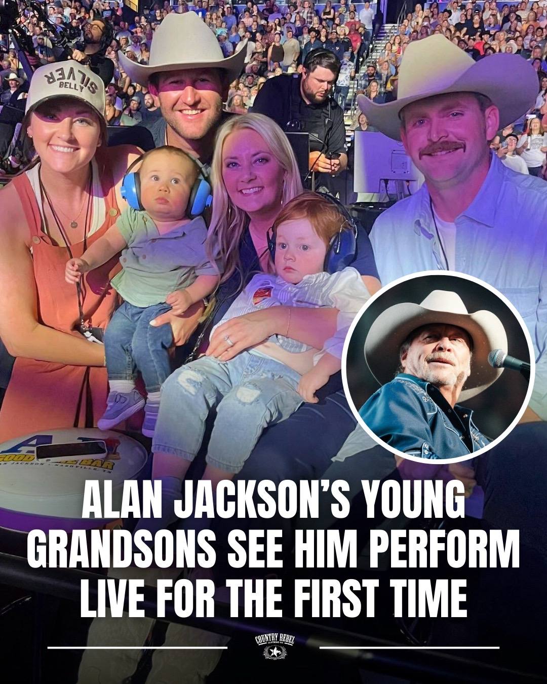 A post by @countryrebel on TikTok caption: It was a family affair at the second-to-last show of @Alan Jackson’s "Last Call" tour. See the adorable photos of Wesley and Jackson watching their grandaddy in action >>>  📷 credit: Mattie Jackson Smith 