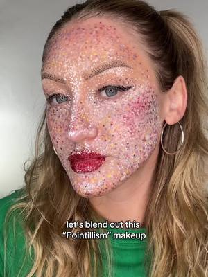 A post by @katiefarhood on TikTok caption: let’s finally blend this out 😅 my wrist got so sore bc the paints had dried so much, the end result was as good as it was gonna get 🥲 #makeupblending #pointillism #makeupchallenge #beautychallenge #creativemakeup 