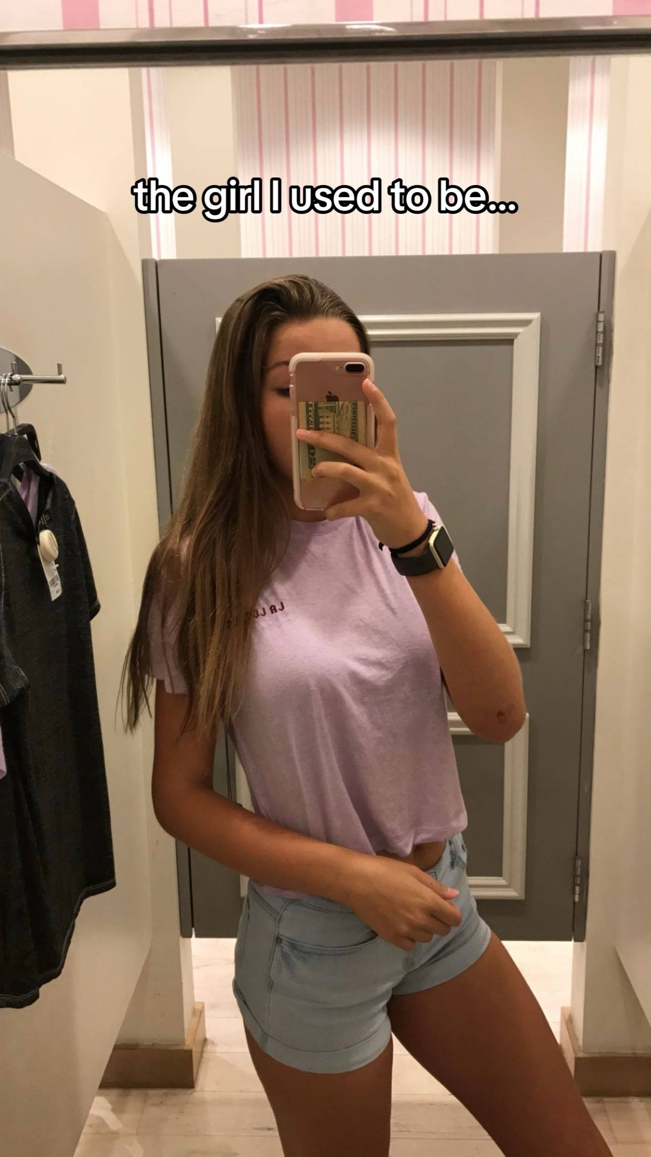 A post by @gabbyygonz on TikTok caption: I struggled so much with confidence in 2017. I looked and EVERY single mirror photo had my face hidden. I thought I was fat and struggled with eating properly as I entered high school. Being tall and growing into you body is especially hard on top of all of the hormonal changes we go through in middle/high school, and I feel like I have to address it participating in this trend. So, for all of my younger followers who feel alone when struggling with confidence through puberty- just know it’s SO normal and you are NOT alone!! 💖💖💖