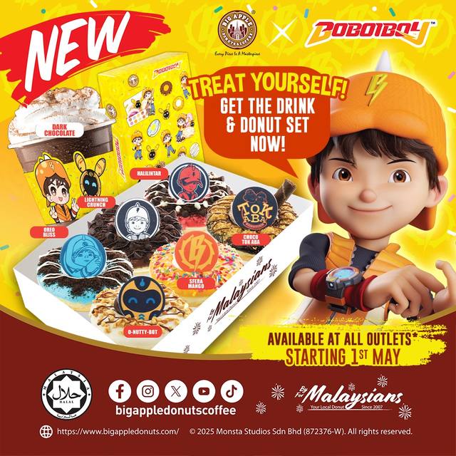A post by @boboiboy on TikTok caption: 📢 #BoBoiBoy special collaboration starts TODAY! Treat yourself with some delicious donuts and drinks! Available at all Big Apple Donuts outlets ⚡🥳 @Big Apple Donuts & Coffee 