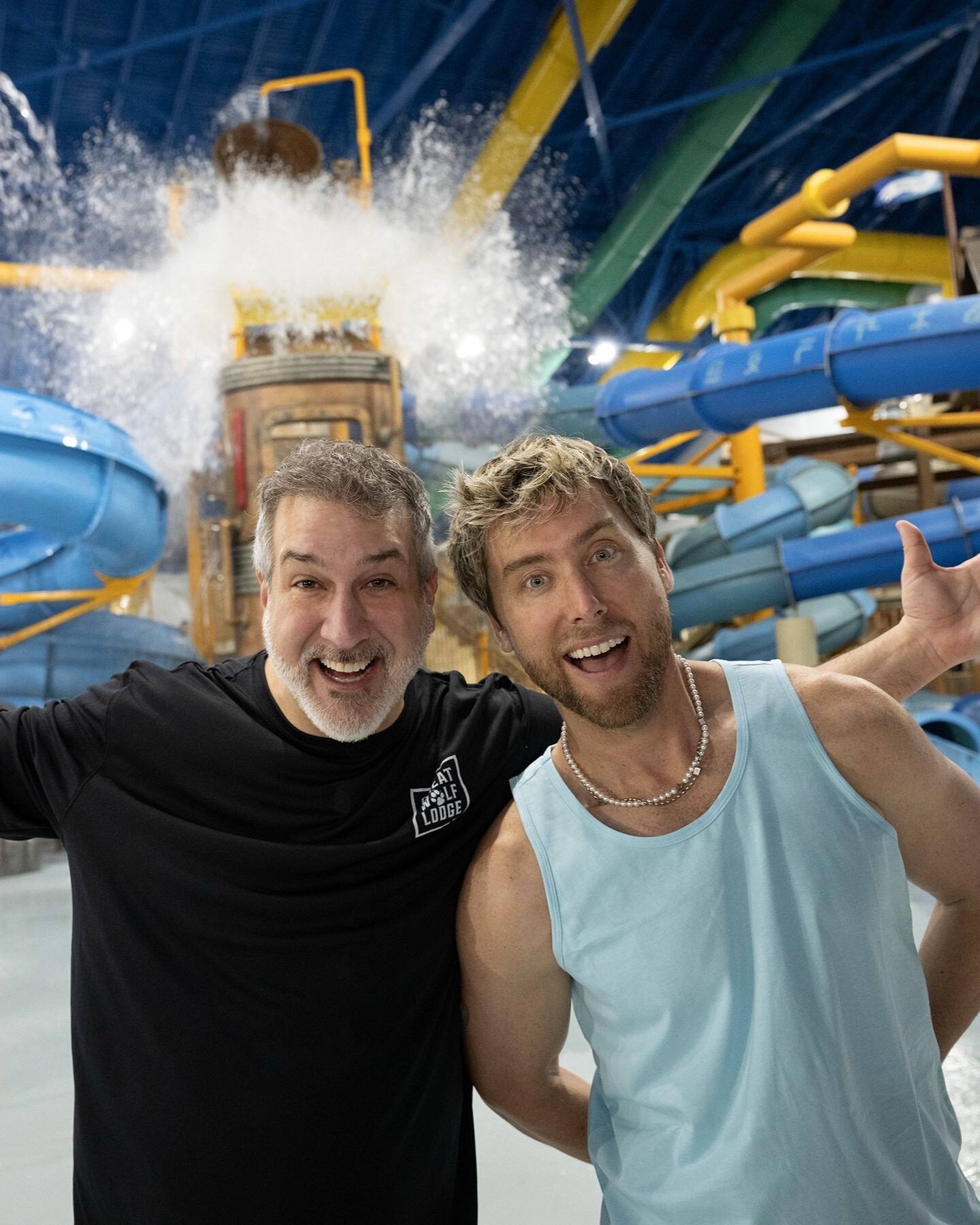 A post by @greatwolflodge on TikTok caption: ONE DAY PROMO! Our friend @Joey Fatone is BACK with pal @Lance Bass, and they're gonna gonna gonna have big savings to kick off May. Save up to 51% on new Great Wolf Lodge getaways booked today, May 1, for stays between today and August 15 with code BEMAY.  Don't miss this offer before it goes bye, bye, bye!