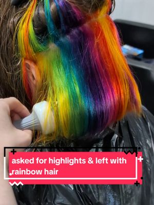 A post by @amberdoesmermaidhair on TikTok caption: you asked for highlights and left with literal rainbow hair, 1-10 how mad are you?  #amberdoesmermaidhair #althairinspo #alternativehair #rainbowpanel #rainbowhair #rainbowhairdontcare  rainbow hair inspo  rainbow panel  alt hair inspo  hidden hair panel 