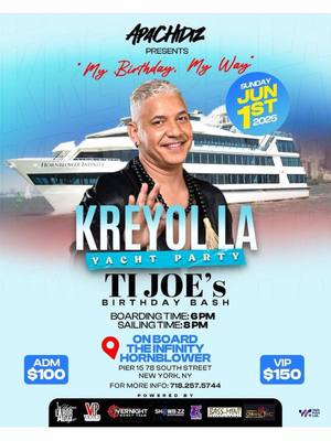 A post by @tjozenny on TikTok caption: 1 Juin  Anivèsè Tjozenny 1 Juin  Boat Party In Manhattan  Tjo s Anniversary  Jwè ap pare wi ,ou pran tikè w deja ?  @ainozenny17 @kreyollaofficial @apacheworldmusic @pierrejeanhaiti @urbainrichard @venusprods