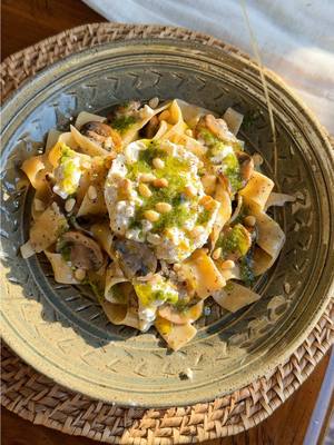 A post by @kristenfaith_eats on TikTok caption: Mushroom and Pesto Pappardelle #mushroompasta #pastarecipe #easyrecipe #pesto #springrecipe #pasta #pestopasta #yum #fyp 