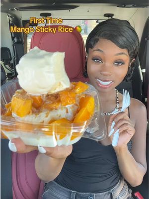 A post by @orianaasmr on TikTok caption: First Time trying Mango Sticky Rice 🤤 #mango  #mangostickyrice #mangos #food #mukbang #mukbangfoodasmr #combo #sweets #dessert #fy #eating #eatingshow 