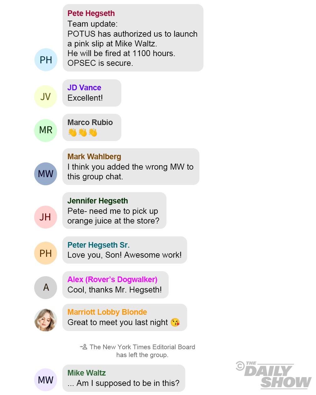 A post by @thedailyshow on TikTok caption: Breaking: Leaked group chat shows Pete Hegseth ordered firing of Mike Waltz #DailyShow #PeteHegseth #MikeWaltz