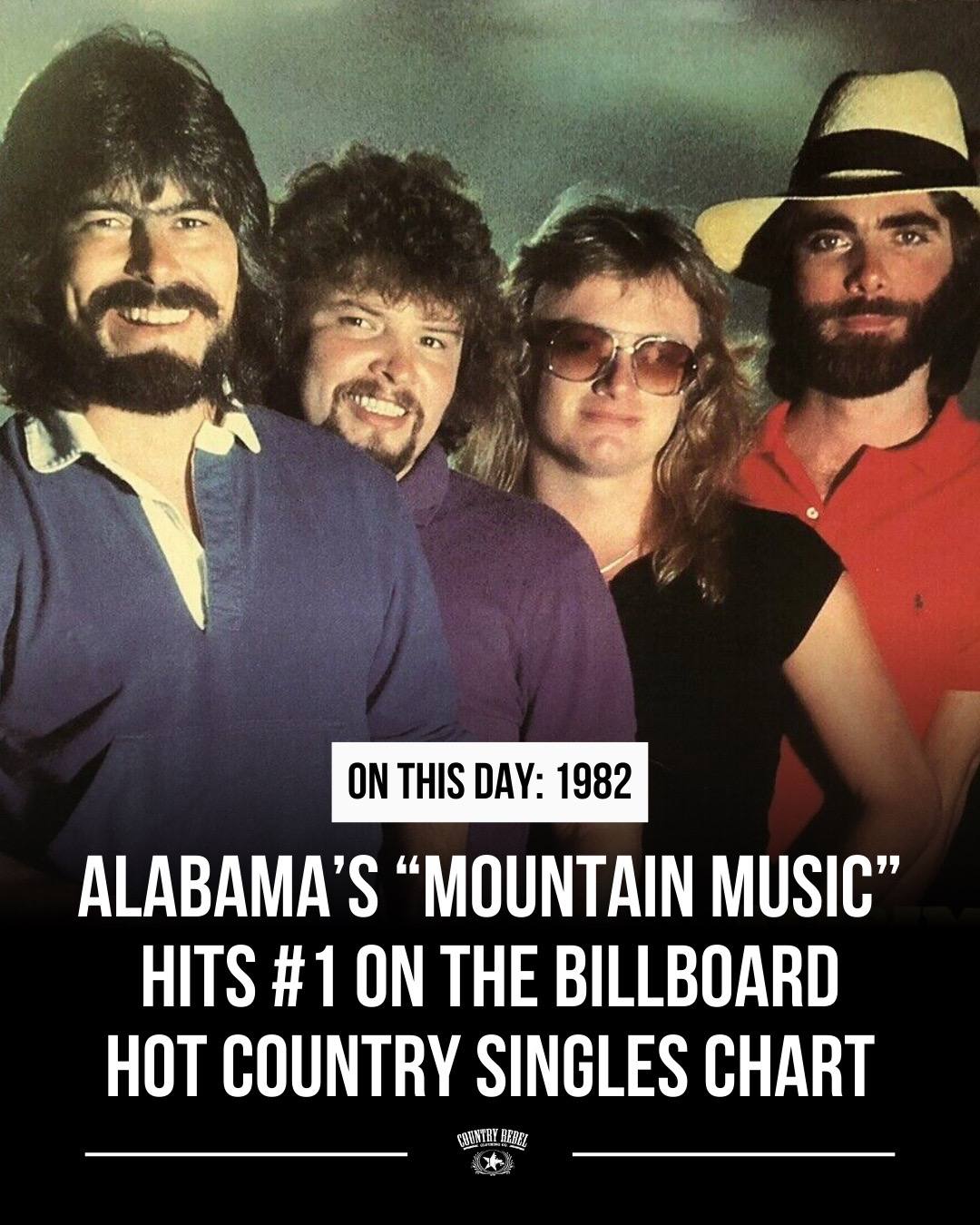 A post by @countryrebel on TikTok caption: 43 years ago today, "Mountain Music" became Alabama's sixth number one hit. It was a big week for the band, as they took home the ACM Awards for both Top Vocal Group and Entertainer of the Year just a few days later.  #ThisDayInCountry #ClassicCountry #MountainMusic 
