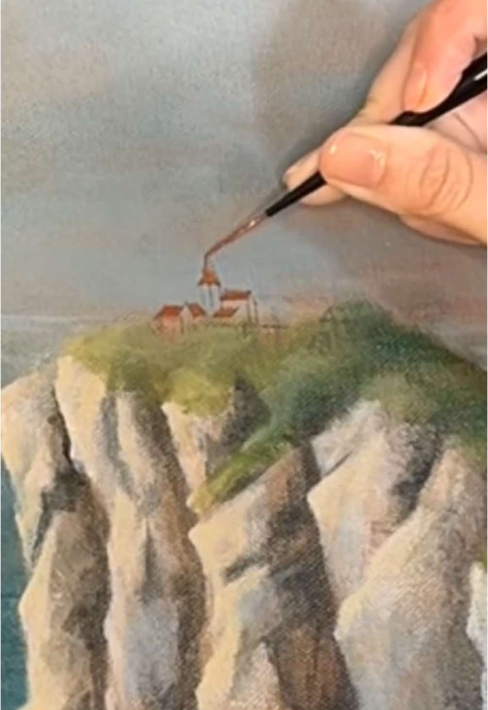 A post by @gustofwindart on TikTok caption: Working on a tiny village!!  #acrylic#timelapseart#seascape#cliffside#fantasyart  