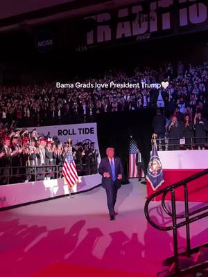 A post by @teamtrump on TikTok caption: University of Alabama graduates welcome @President Donald J Trump with thunderous applause as he takes the stage for his commencement speech🇺🇸 #rolltide #bama #trump 