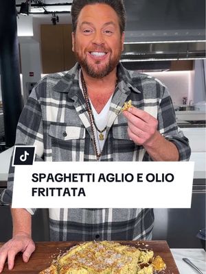A post by @foodnetwork on TikTok caption: Replying to @Femvoxx if you ~happen~ to have leftovers of spaghetti aglio e olio, make this frittata!! @conantnyc #HouseOfKnives 