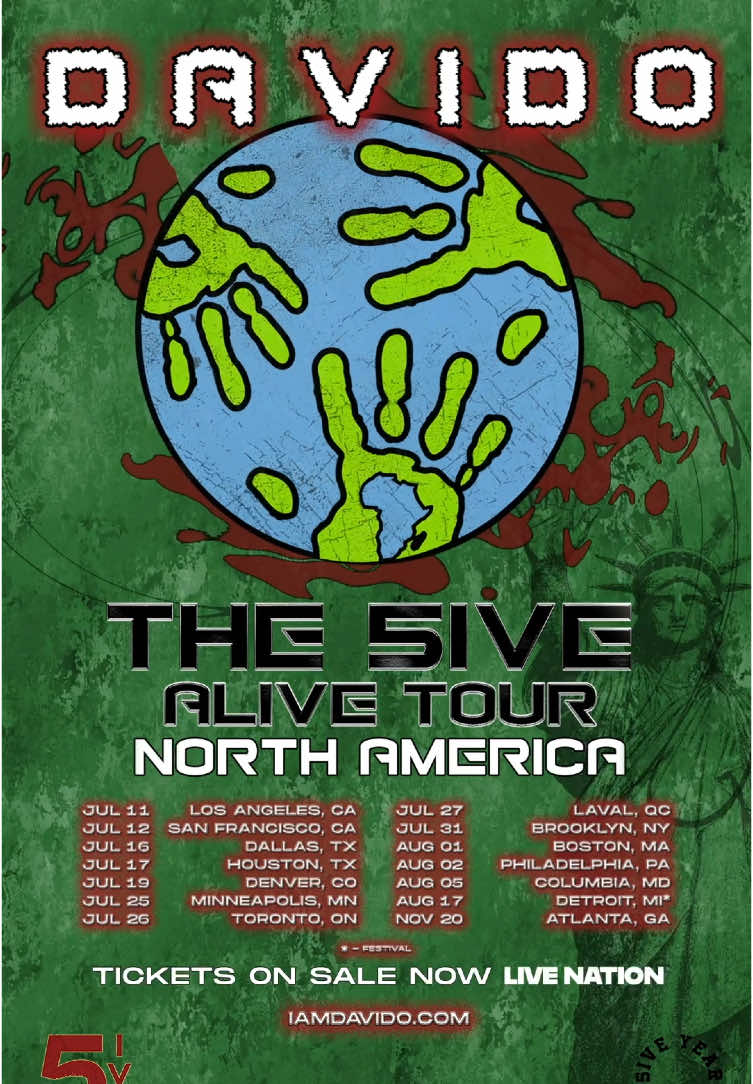A post by @davido on TikTok caption: TICKETS AVAILABLE NOW FOR THE #5IVE ALIVE TOUR ‼️ 5️⃣  Get ready for some very special guests and surprises for each show 👀 A tour with you for you 😏  Get your tickets at: https://iamdavido.com/events/ (Link in bio) #davido #afrobeats #tour 